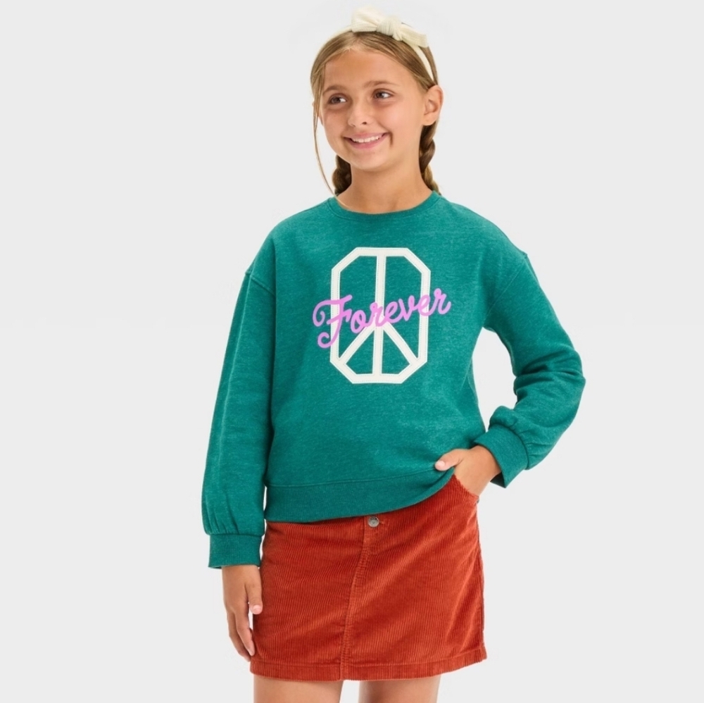 Girls' Fleece Crew Pullover Sweatshirt - Cat & Jack Dark Green L (10-12)